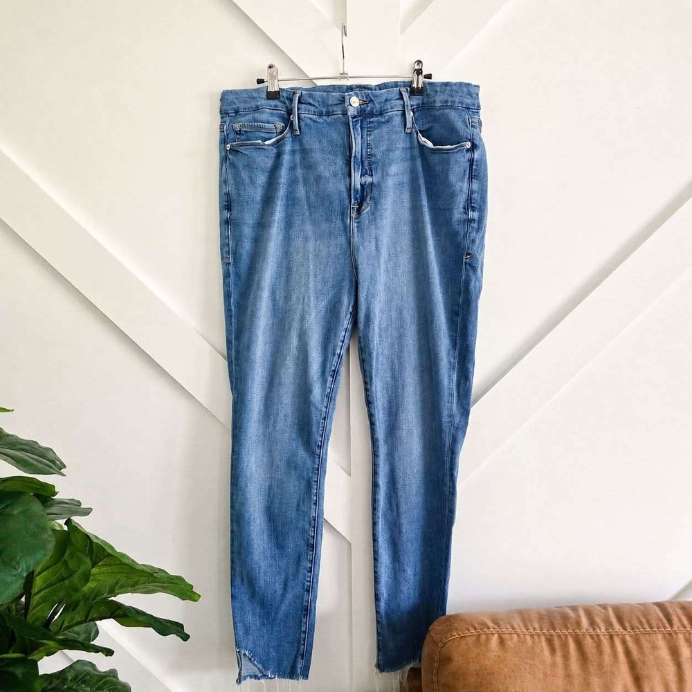 Good American Good Legs Skinny Jeans Women 18 Blue High Rise Tulip Raw Hem Denim